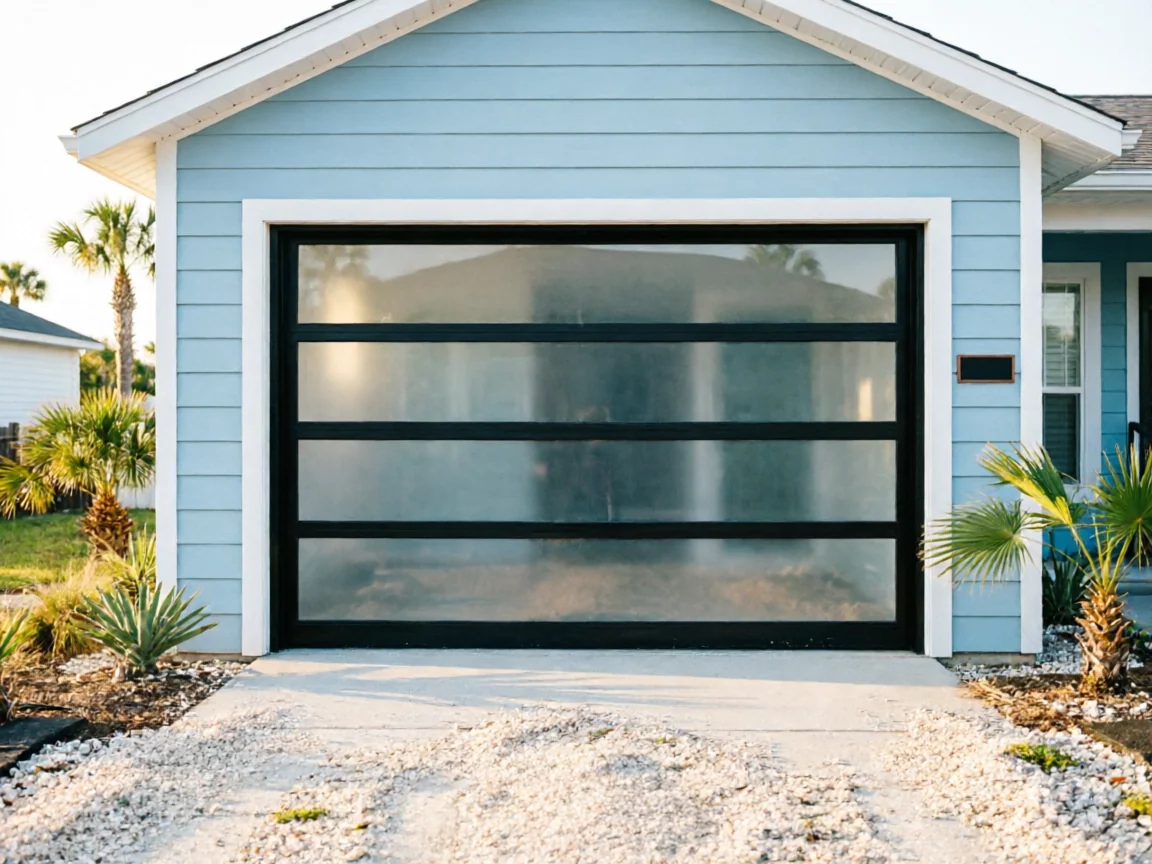 A modern glass garage door with black frames on a light blue house.