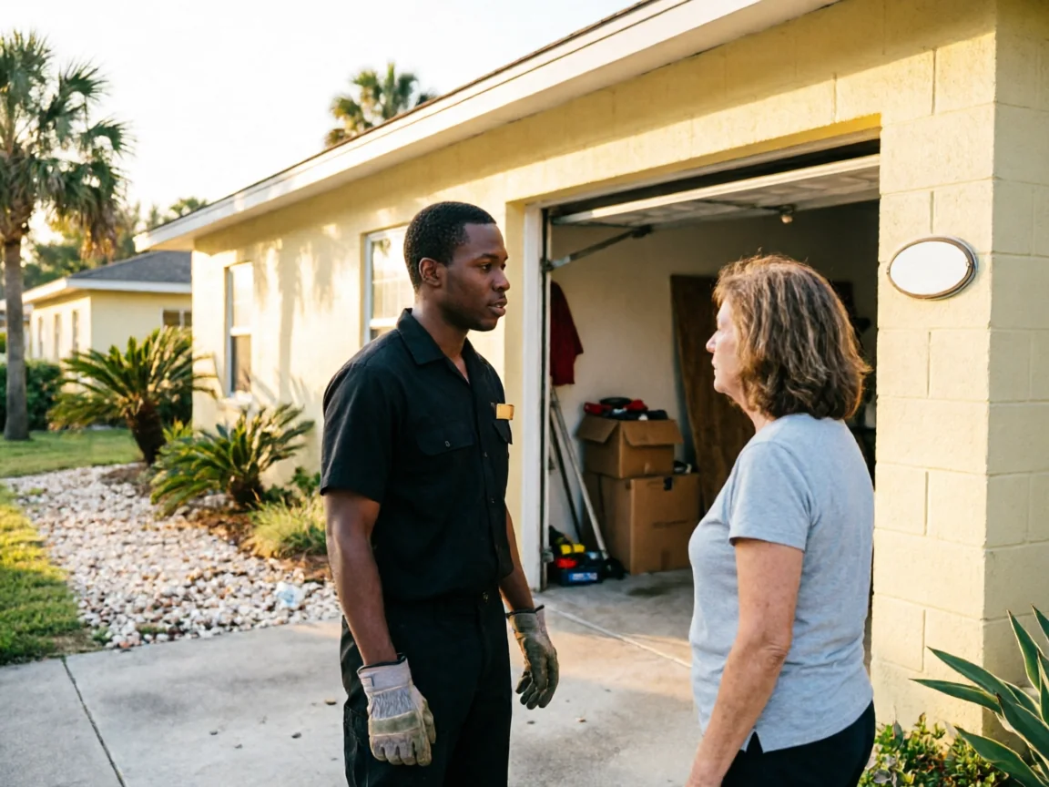 A technician in a black uniform talks to a woman in a gray shirt outside a garage.