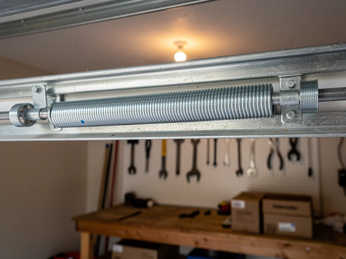 A new torsion spring is installed on a garage door.